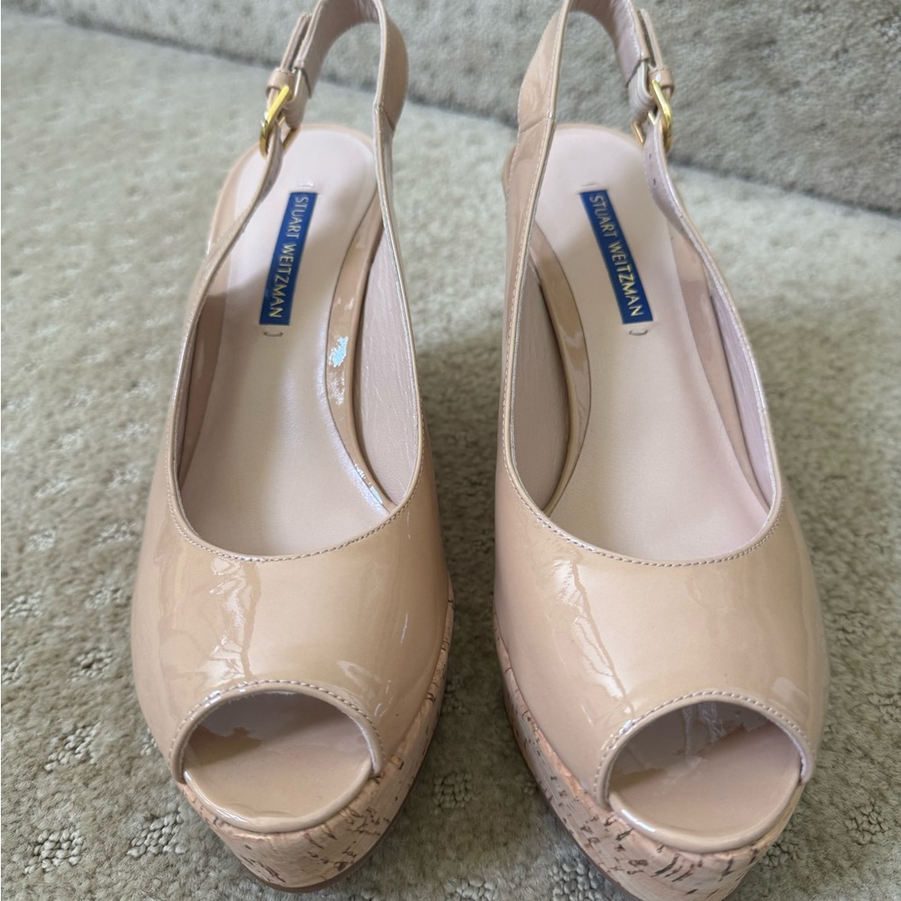 Stuart Weitzman Cream Platform Shoes Peep Toe Slingback